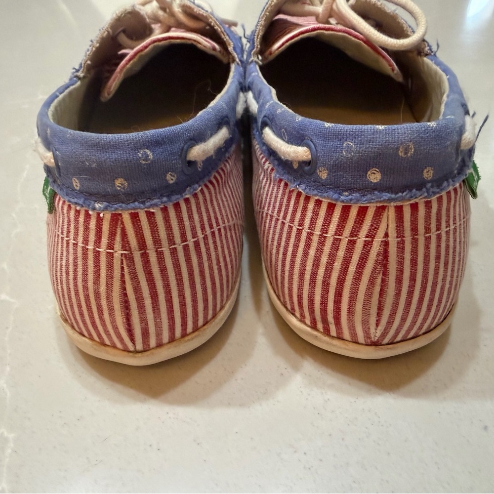 Sanuk Boat Shoes Canvas Striped Polka Dot Red Blue White, 8.5 - Picture 6 of 8